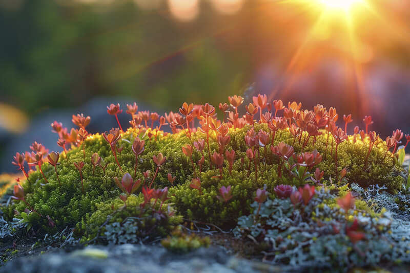 Blumen auf Moos mit Sonne